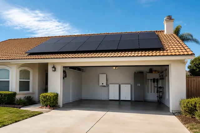 California home with rooftop solar panels and battery storage